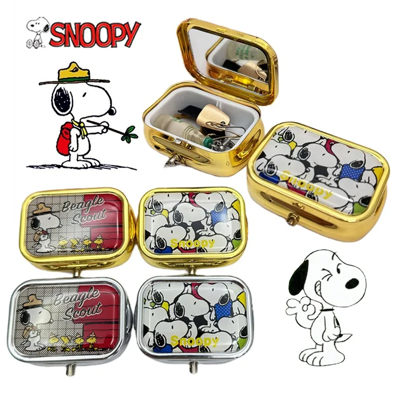 Snoopy Jewelry Storage Box Portable Earring Case for Women Small Object Organizer with Mirrors Cartoon Mini Travel Pill Box Gift