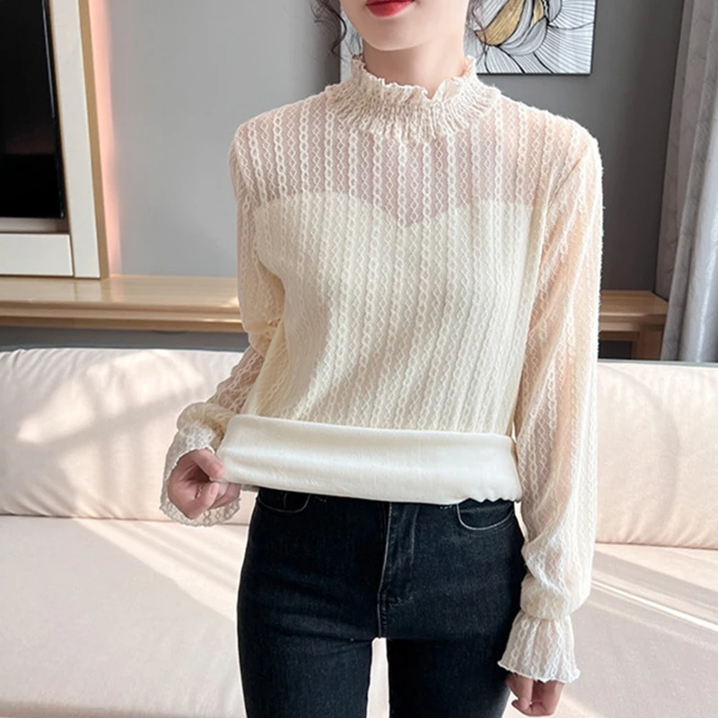 Gidyq Women Fashion Pullover Shirt Korean Casual Patchwork Sexy Translucent Tops Female Elegant Thick Warm Long Sleeve T Shirts