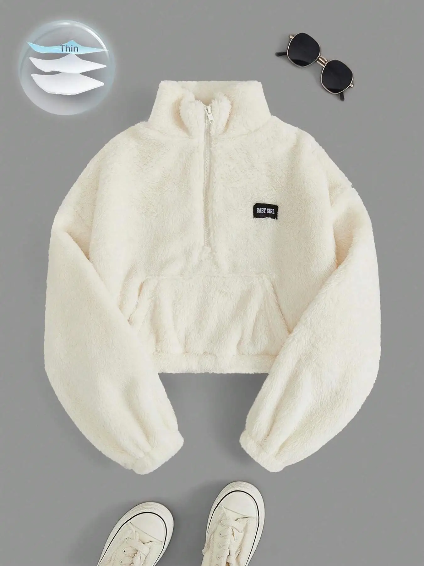 

Спортивная плюшевая толстовка с капюшоном, теплый полувысокий воротник, длинные рукава, большие карманы, полумолния, однотонный пуловер, осенне-зимний женский топ