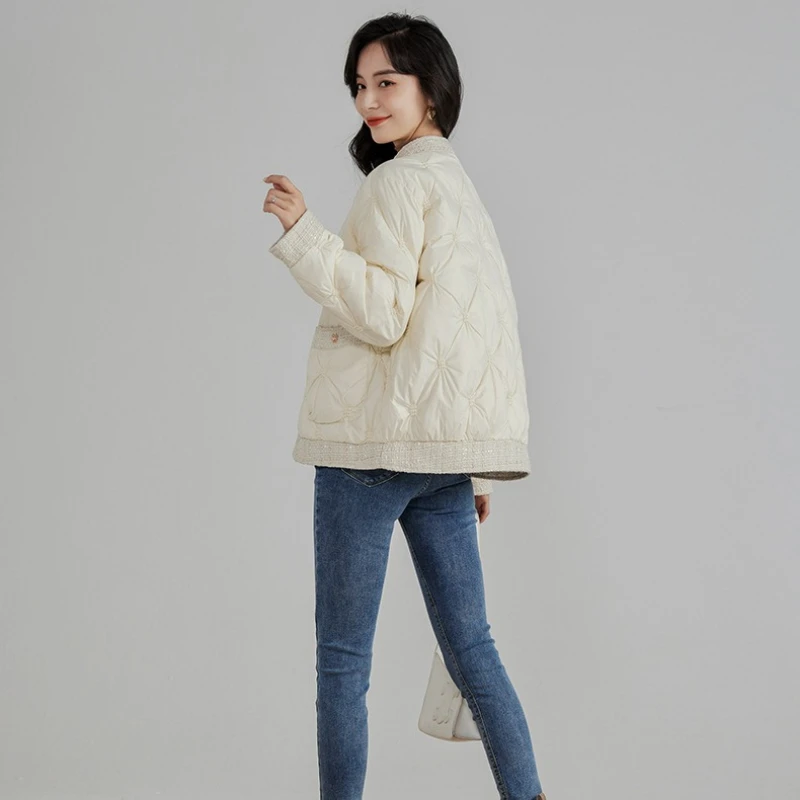 Autumn Winter Down Jacket V-Neck Patchwork Lightweight White Duck Down Coat Women Quilted Long Sleeve Top Design Clothing Trend