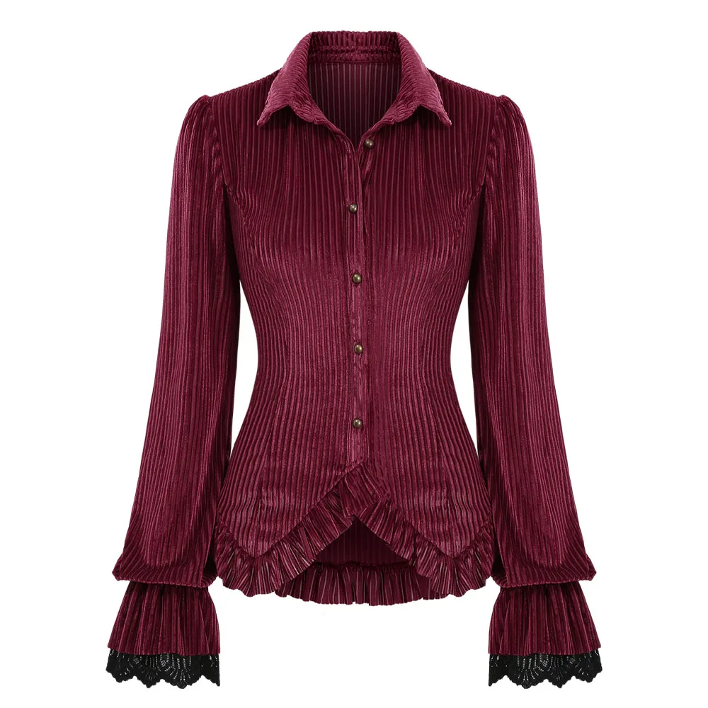 ROSEGAL Gothic Turn-down Collar Button Ribbed Textured Blouse Ruffles Long Sleeves Punk Tops Women Autumn Streetwear Shirts Red