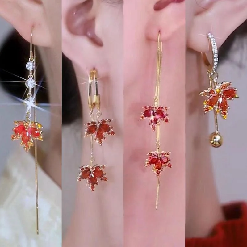 Korean Fashion Red Maple Leaf Dangle Earrings for Women Red Zircon Inlaid Maple Leaf Hoop Earring Designer Jewelry pendientes