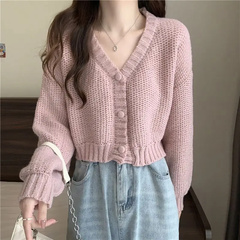 

Spring New Women's V-neck Solid Color Knitted Cardigan Short Sweater Coat