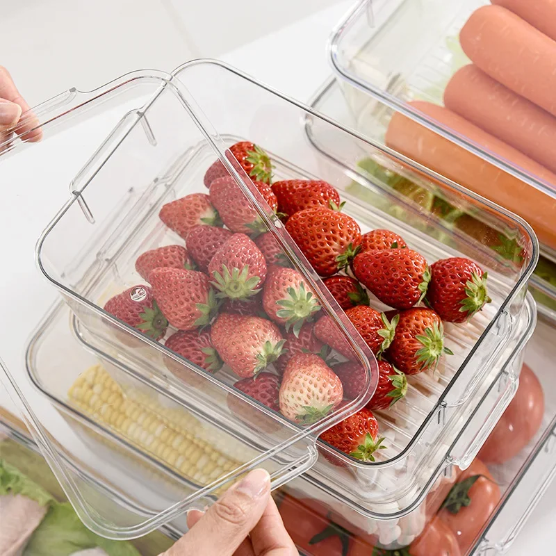 Clear Plastic Fridge Organizer Bin with Lid, Stackable Refrigerator Storage Box for Kitchen Pantry Food Container