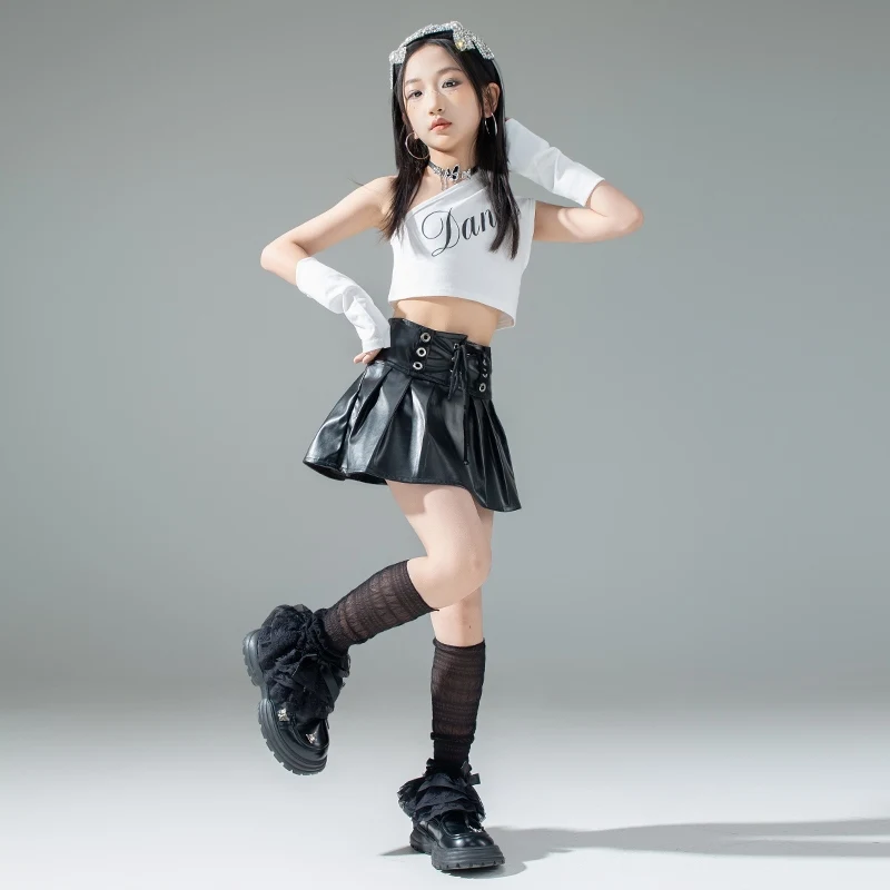 아동 의류 여름 재즈 댄스 의상 힙합 스트리트 댄스 착용 흰색 조끼 블랙 미니 스커트 소녀 Kpop 무대 복장 3383