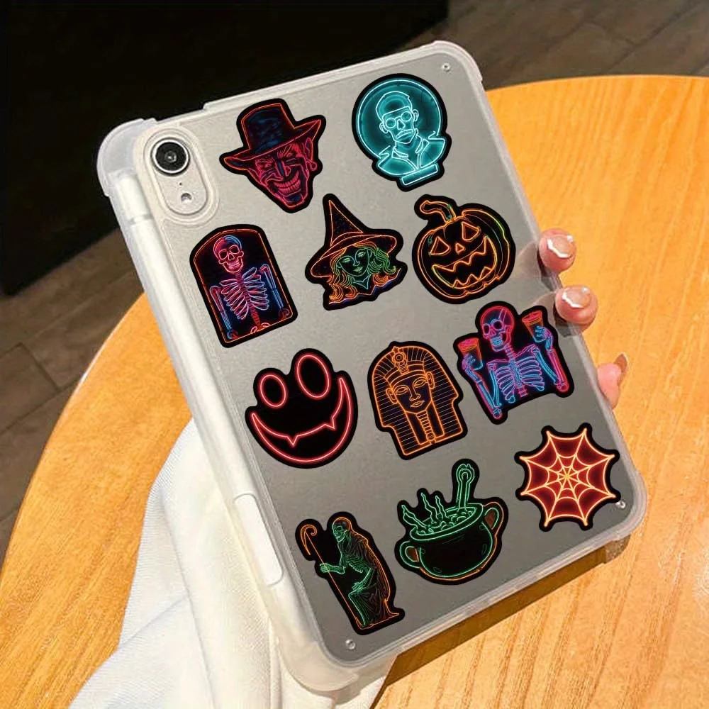 50pcs 네온 할로윈 만화 낙서 스티커-물병, 파티 용품, 재사용 가능한 자체 접착을위한 소름 끼치는 공포 데칼