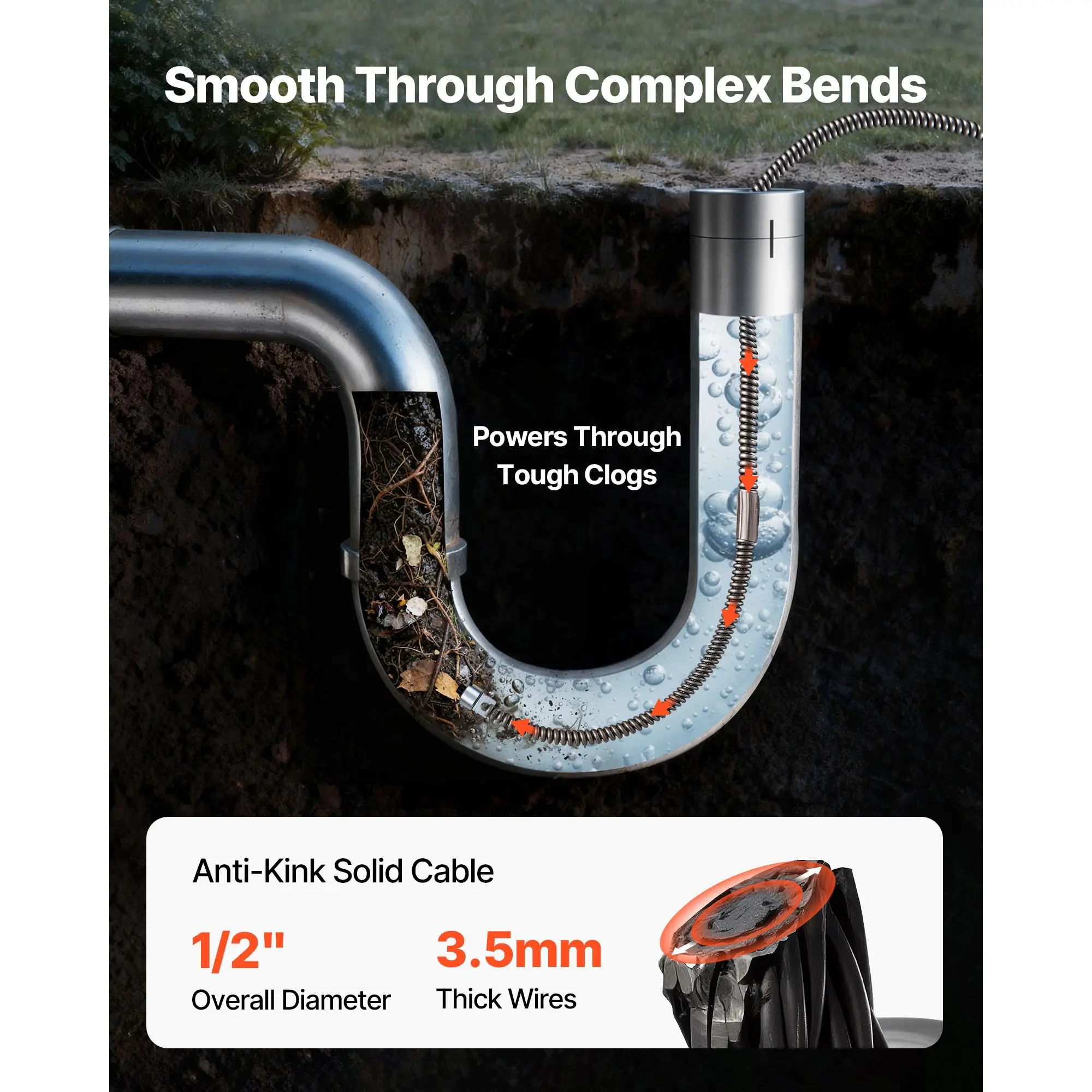 Drain Cleaning Cable 75 Feet x 1/2 Inch Solid Core Sewer Auger Cleaner Snake Clog Pipe