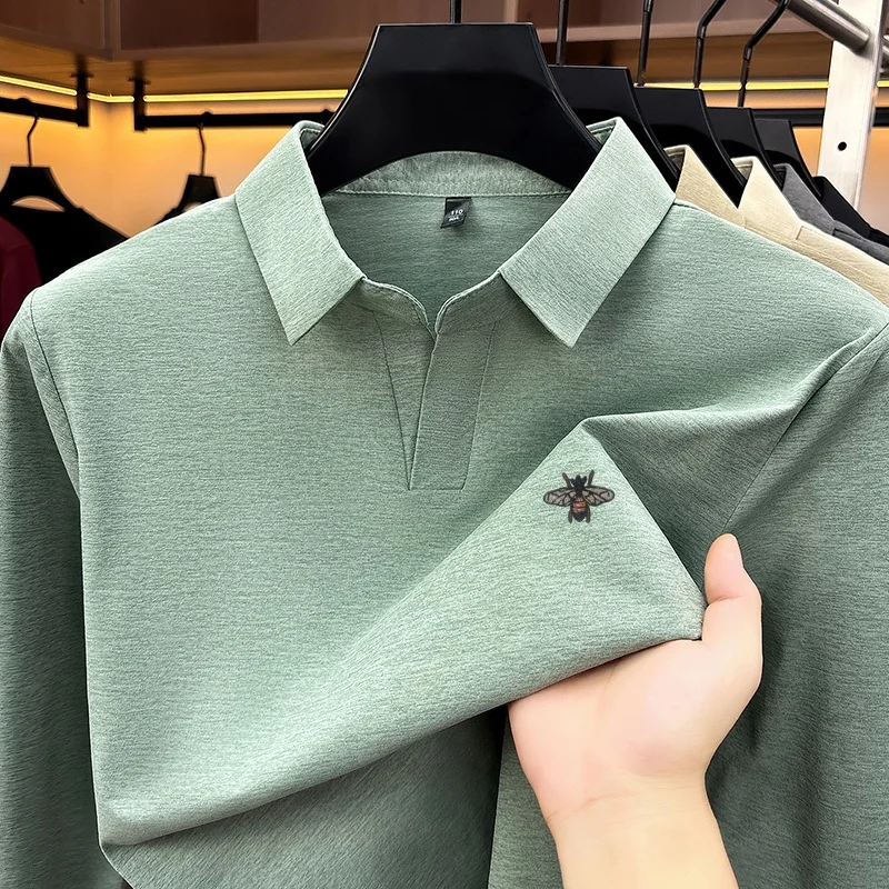 Men's Autumn Embroidery Polo Shirt Wrinkle Resistant Original Solid Color Long Sleeved T-Shirt Versatile Comfortable Men's Wear