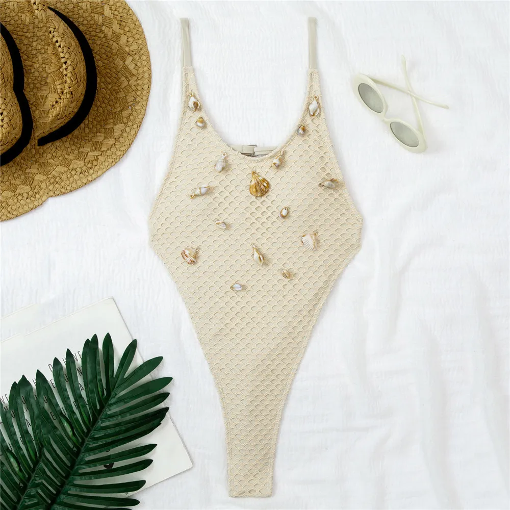 Shell Ornament Beige Mesh Swimwears Women One Piece Backless Sexy Swimsuit High Leg Cut Bathing Suit 2026 Swimming Wear Monokini