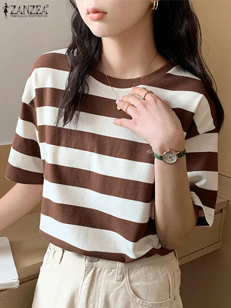 Women Summer T-Shirts ZANZEA Fashion Striped Half Sleeve Blouse Casual Loose Holiday Work Tops Elegant Party Tees Oversize 2024