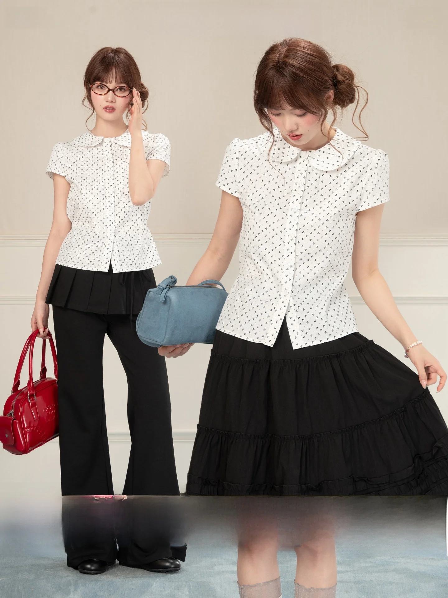 

Heynew Polka Dot Doll Collar Short Sleeve Women's Summer Shirt Loose Beautiful Top Casual Style Nylon Fabric Gift for Youth