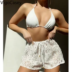 VigoCasey Sexy White Tied Halter 3PCS Lace Shorts Bikini Set Swimwear Women 2025 High Cut Thong Swimsuit Backless Bathing Suit