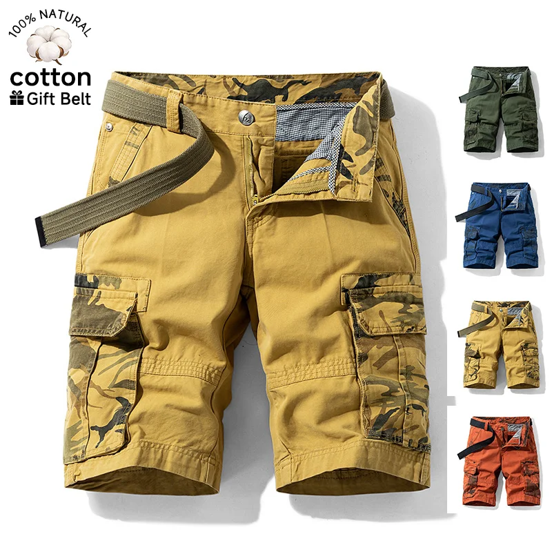 Summer Men's Cargo Shorts Baggy Straight Knee Length Pants Multi-Pocket Khaki Work 100%Cotton Camouflage Twill Short Belt Gift