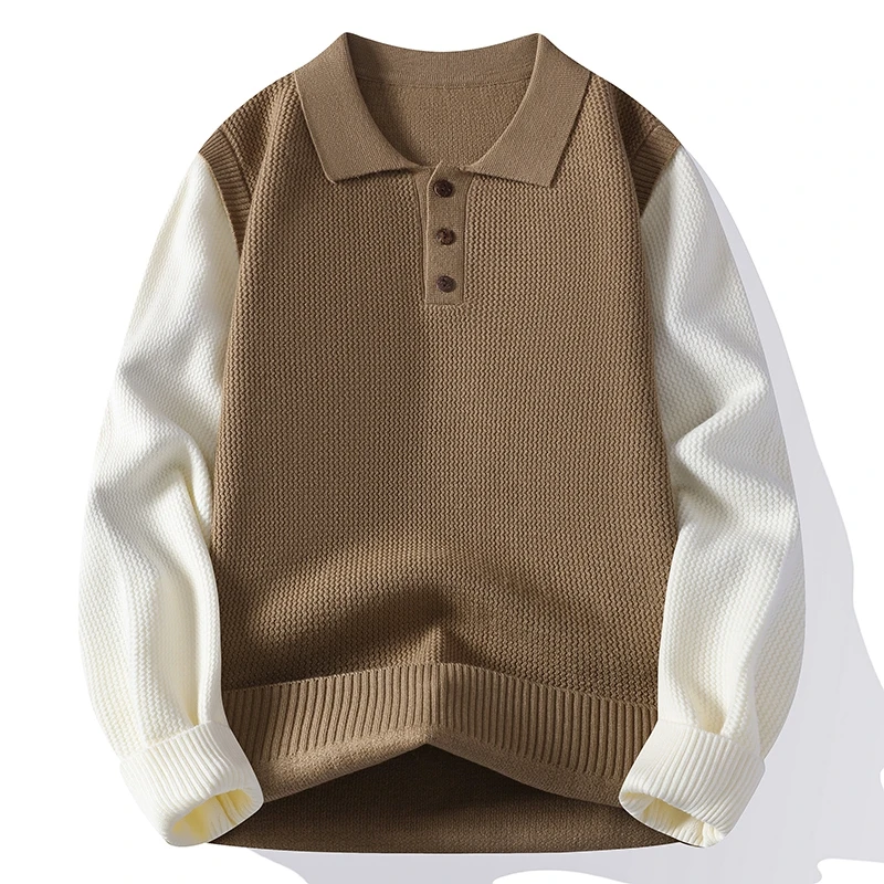 

Autumn Winter Men's Turn Down Collar Knitted Pullovers Fashion Patchwork Long Sleeve Knit Sweater Men Daily Casual Warm Sweaters