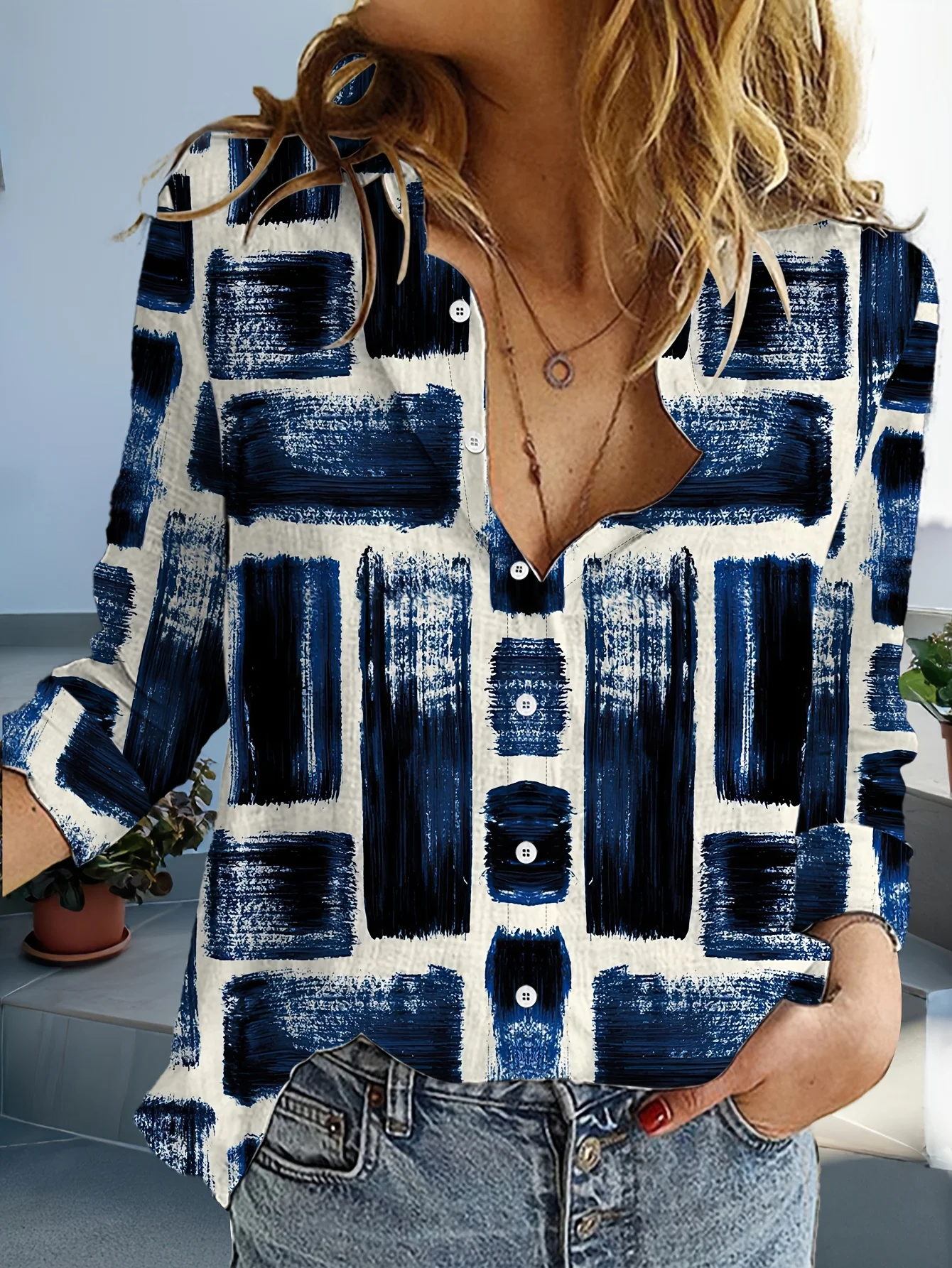 

Модная женская рубашка с длинными рукавами и геометрическим цветным блоком с 3D принтом, дизайн с цветными блоками, яркий арт-ретро, повседневная женская одежда