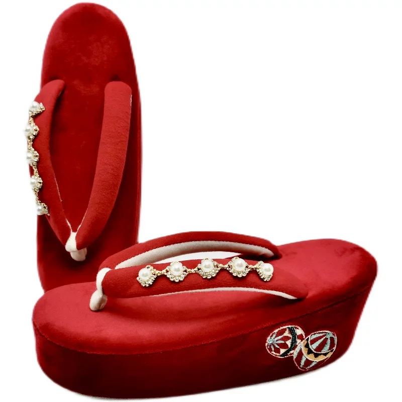 Sandalias japonesas con suela de corcho (Zori) en terciopelo bordado con tacón medio y colgante de perlas, para ropa formal tipo kimono