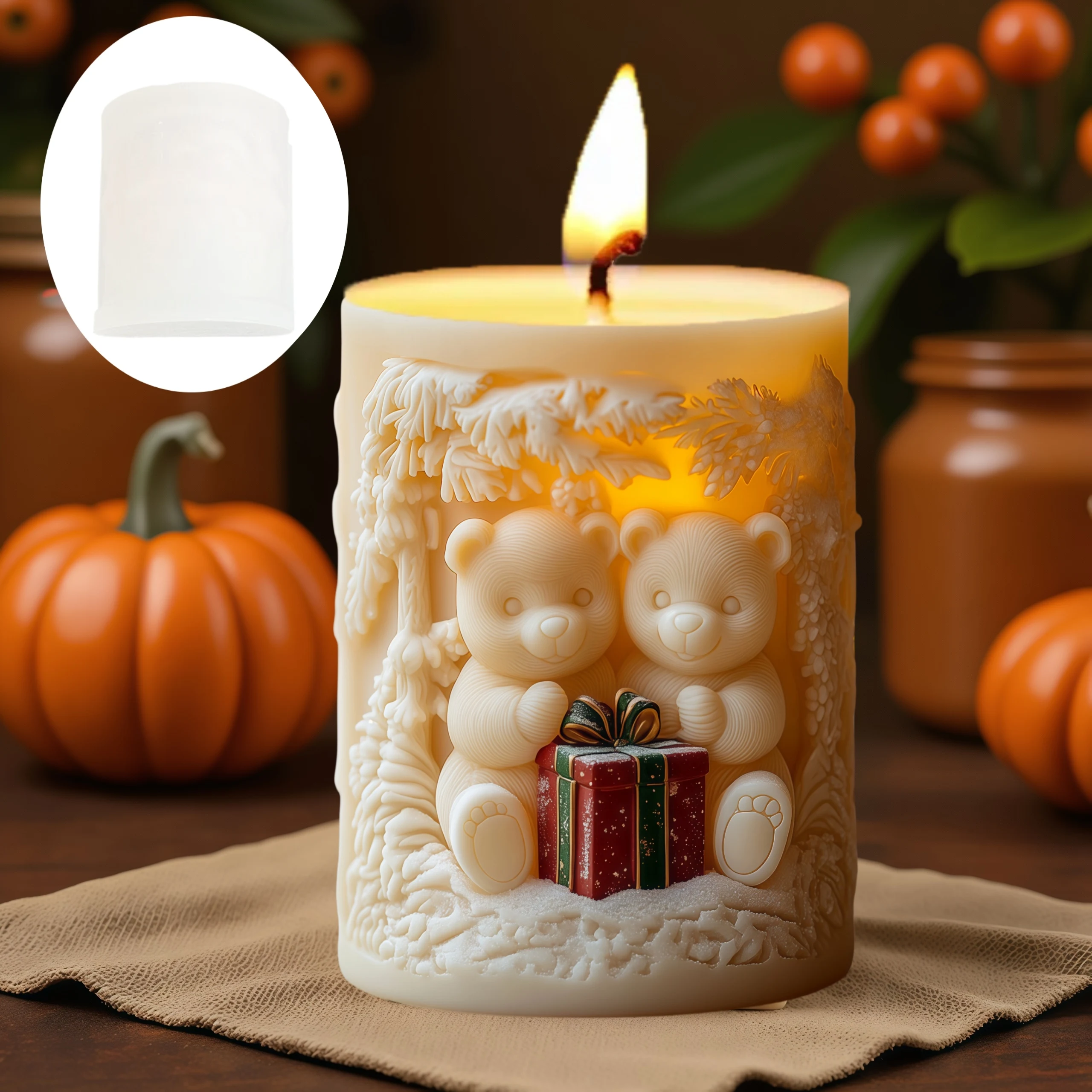 DIY Couple Bear Gift Box Embossed Cylindrical Candle Silicone Mold Couple Dogs Embossed relief Candle Mould Resin Gypsum Molds