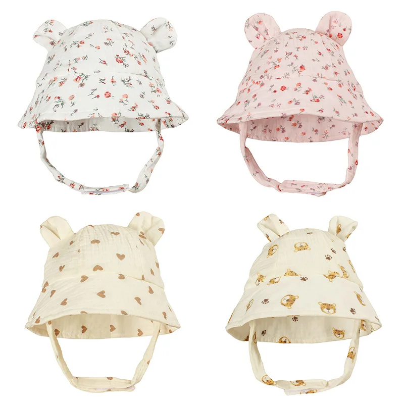 Lower Print Baby Bucke Cap Cartoon Ear Soft Cotton Infant Fisherman Hat Spring Summer Toddler Sun Visor