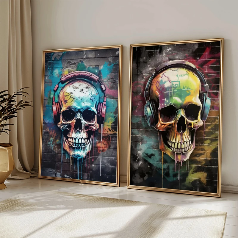 Abstract Skull with Earphone Pop Graffiti Art Canvas Painting Posters and Prints Street Wall Art Picture for Home Decor No Frame