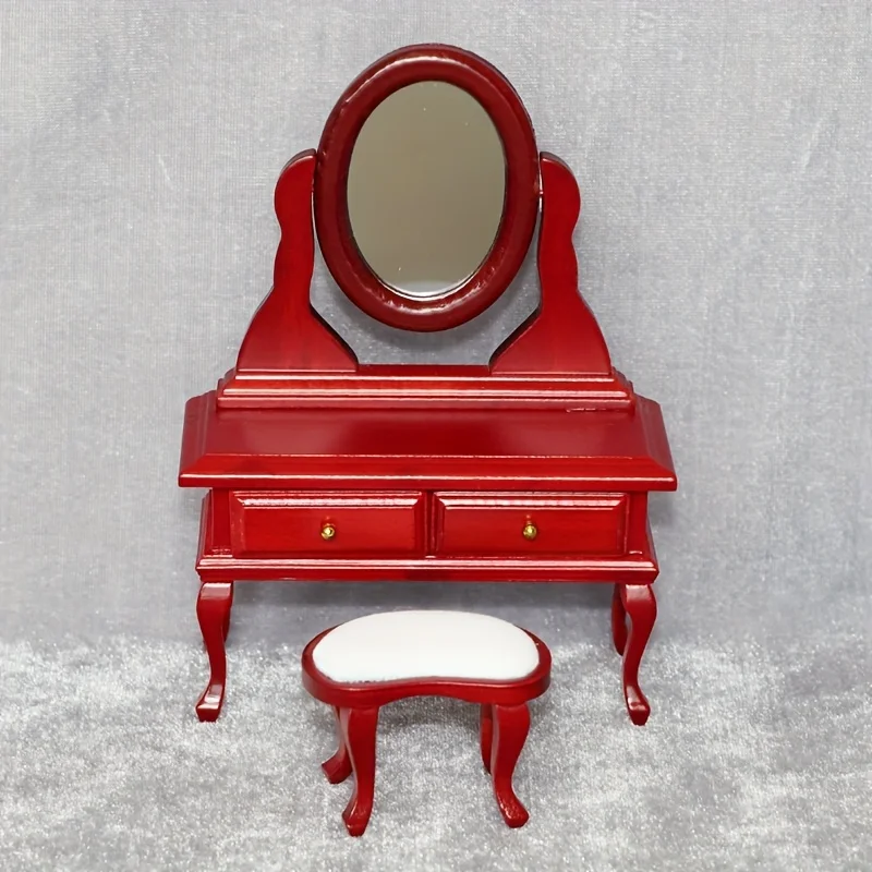 

1set 1:12 Scale Dollhouse Miniature Red Wood Mirrored Dressing Table and Stool Furniture Perfect for Collectors and Home Decor