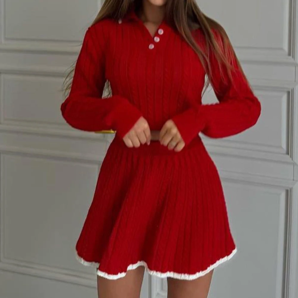 Women's Wool Suit European American Style Spring Autumn Long Sleeve Button Lapel Sweater Jacket Short Umbrella Skirt Set