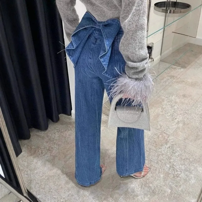 Back Bow Y2k Jeans Women Elegant Straight Baggy Pants Korean Fashion Denim Pants Streetwear Women Wide Leg Pants