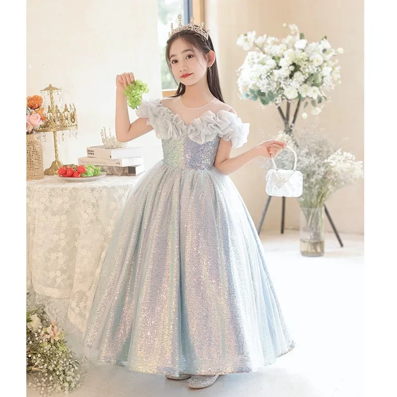 

Kid Wedding Dress Elegant Flower Princess Long Gown Sequin Tulle Girl Christmas Dress Birthday Vestido Teenager Princess Costume
