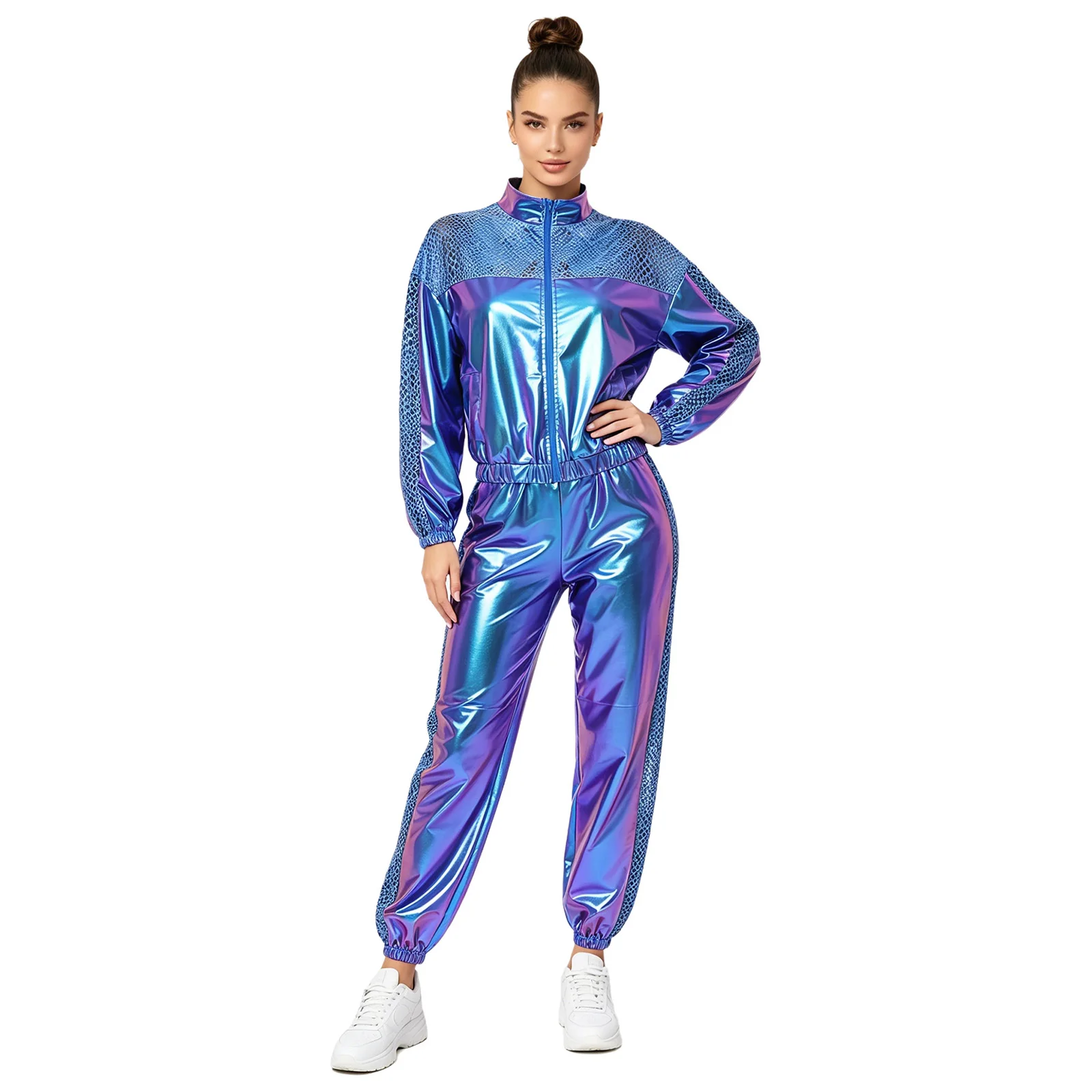Women 80s Jazz Dance Outfit Metallic Shiny Disco Hip Hop Costume Long Sleeve Front Zipper Jacket Outerwear And Jogging Pants