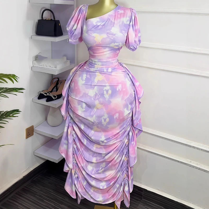 Women Tie Dye Printed Skew Neck Ruched Stacked Bodycon Midi Maxi Long Dress 2025 Vacation Holiday Sexy Vestidos Dresses