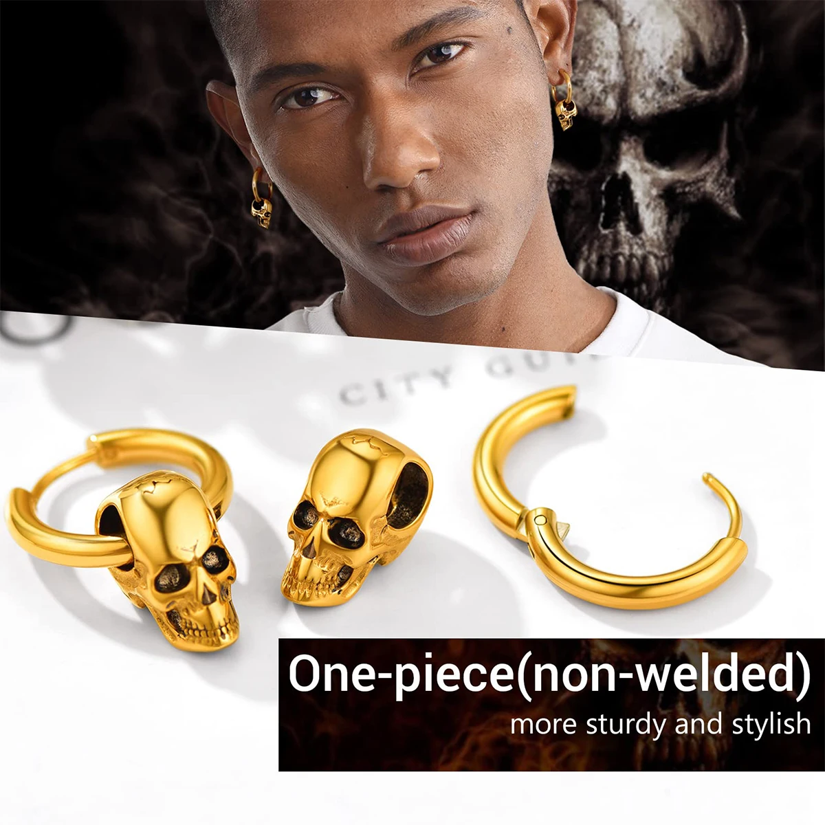 Brincos Gothic Skull para Homens e Mulheres, Aço Inoxidável, Dourado, Legal