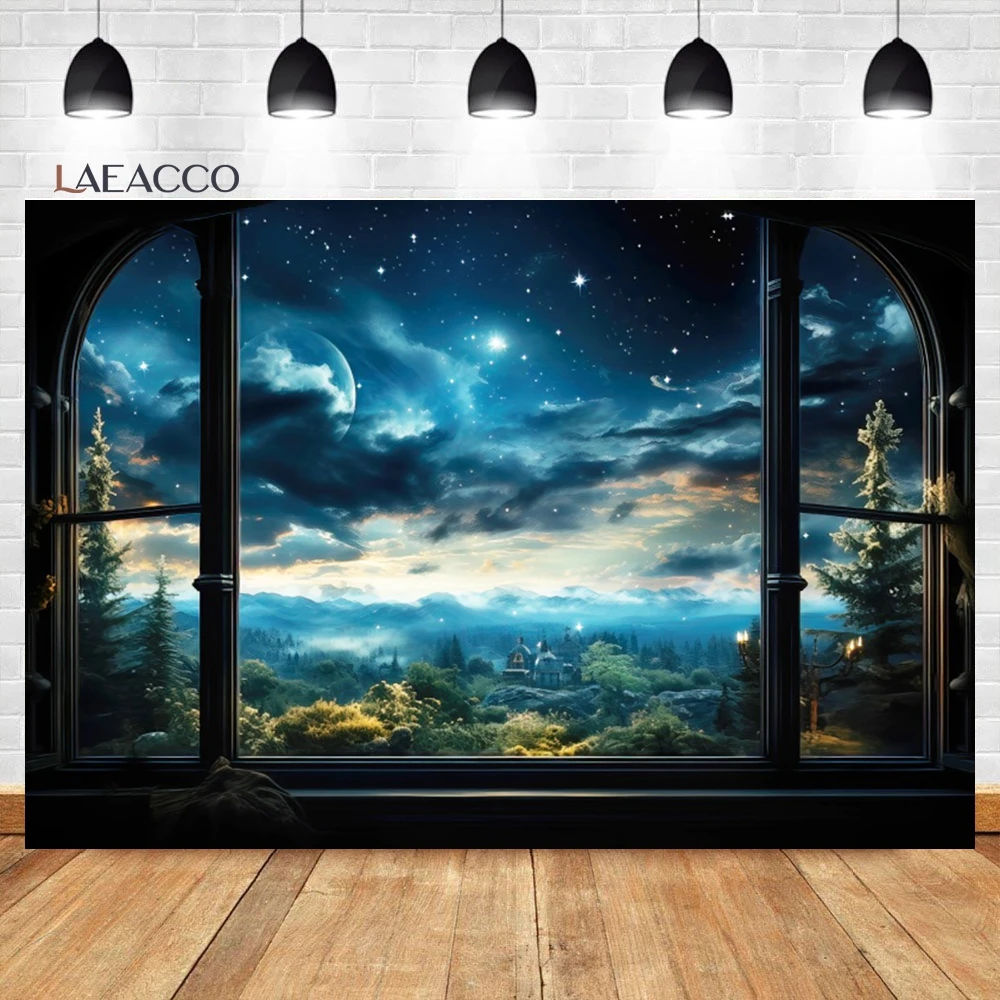 Laeacco Starry Night Sky Backdrop Forest Night Galaxy Stars Window Scenery Adult Kids Portrait Portrait Photography Background