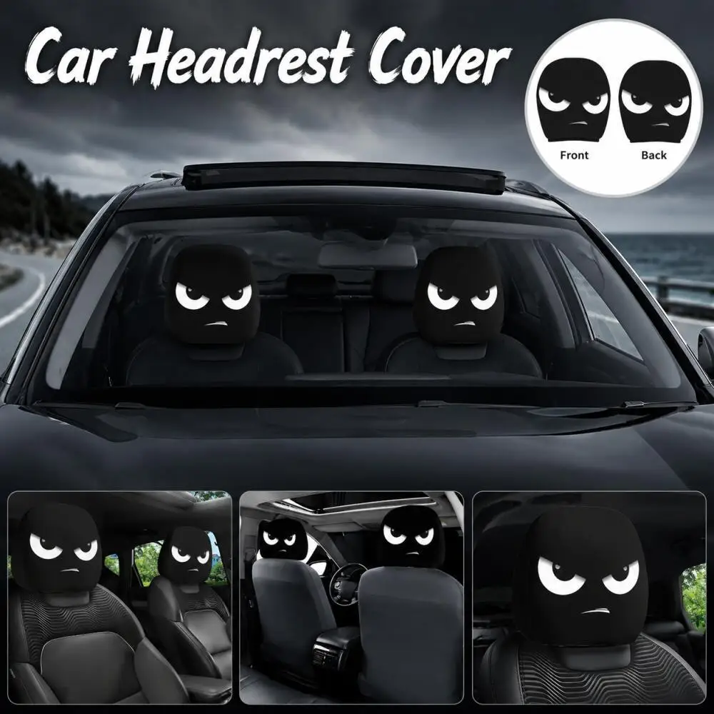 2PCS Angry Face Car Headrest Covers Double-Sided Print Mad Expression Black Auto Headrest Protector Street Style Universal Fit