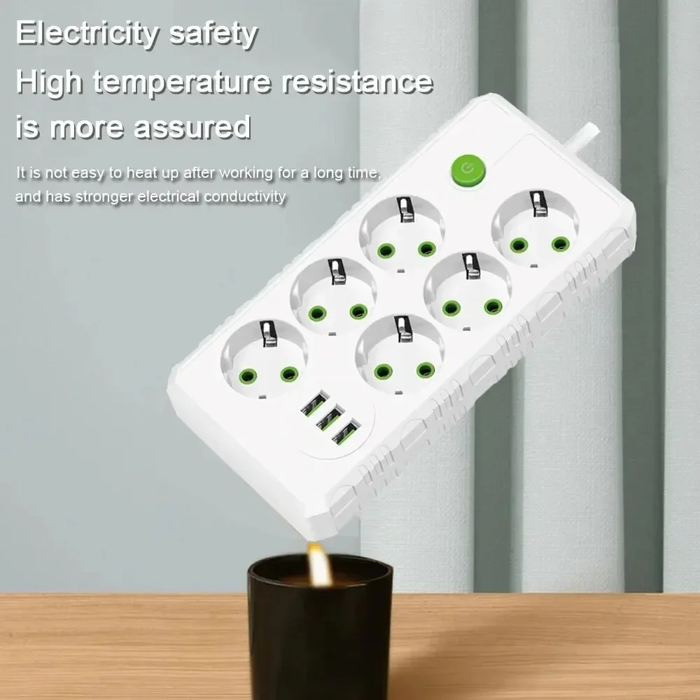 EU Plug Outlet 2,4,6 Sockets Multitap Power Strip Electrical Socket 2m Extension Cord with 3 USB Ports 2500W MAX Power