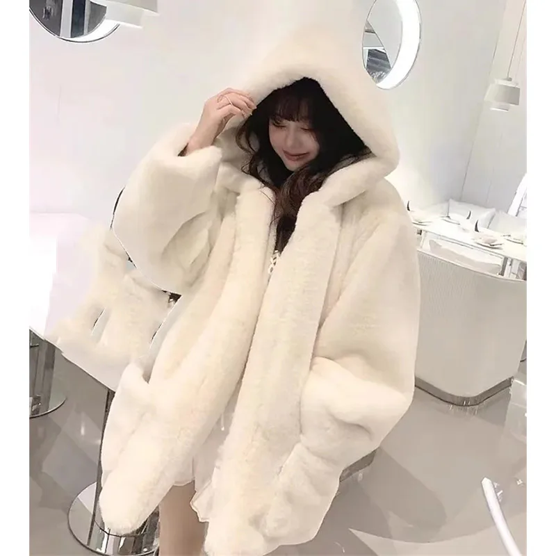 

Autumn Winter Female Lamb Wool Faux Fur Coat 2024 Women Hooded Long Sleeves Fur Jacket Ladies Medium Long Styles Plush Outwear