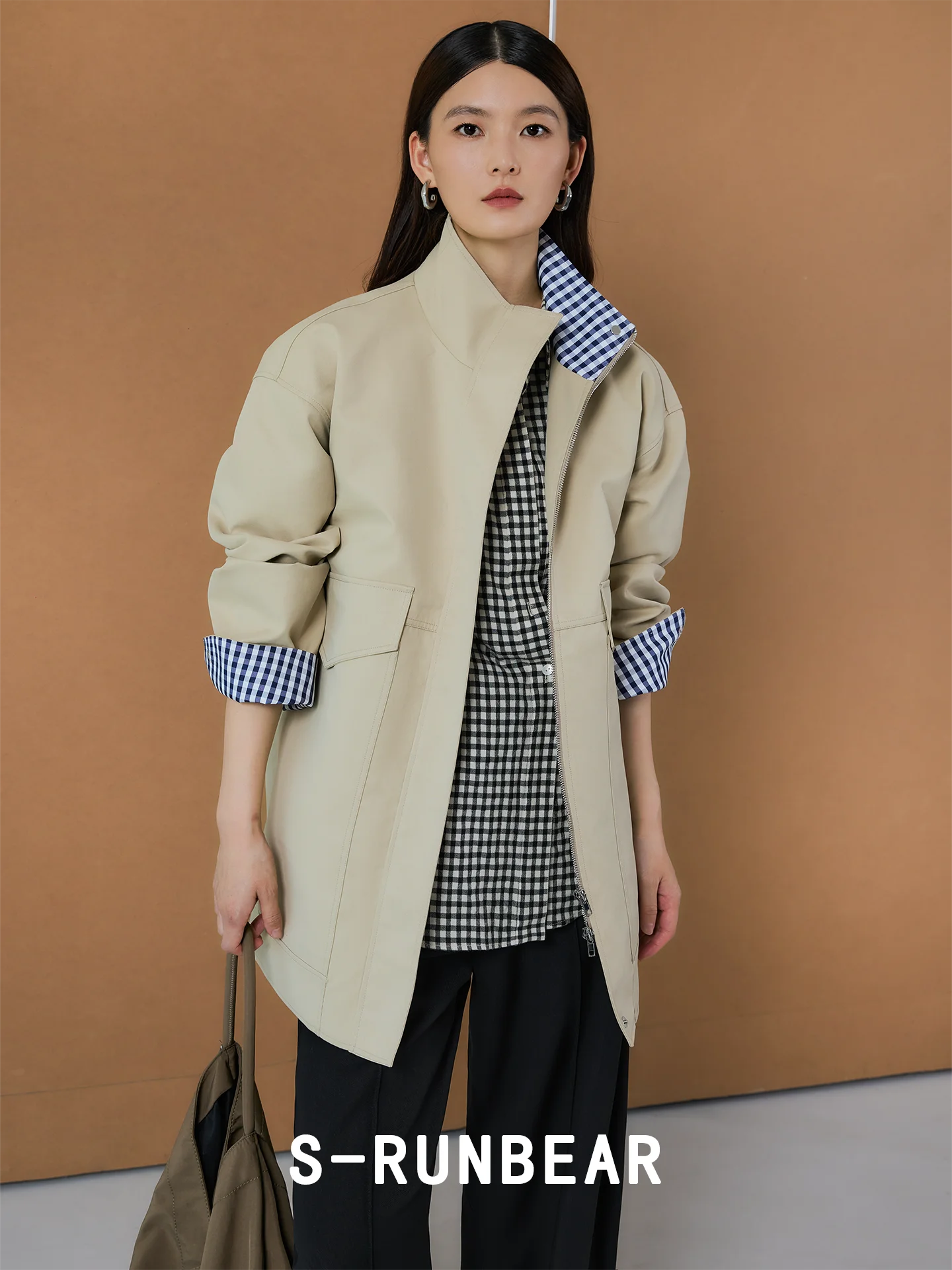 

SR Sun Bear, женская ветровка средней длины в клетку с воротником-стойкой, двухцветная верхняя одежда Blo ape, смесь хлопка для поездок на работу