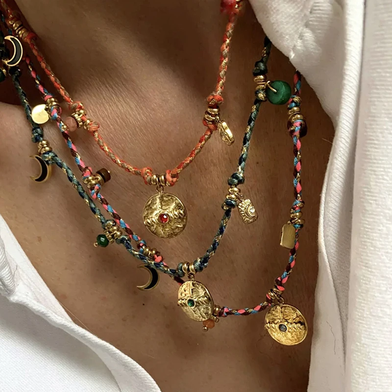 Nowy modny kolorowy bawełniany sznur Choker kamień naturalny Charms moneta ze stali nierdzewnej naszyjnik bransoletka dla kobiet biżuteria