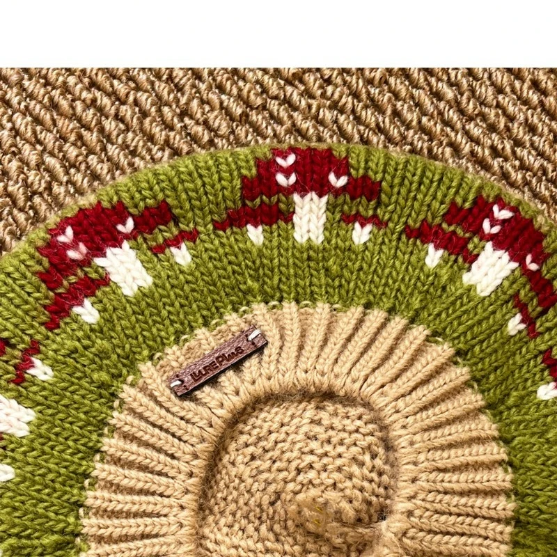 Japanischer, süßer, mit Pilzmuster gestrickter Jacquard-Baskenmütze, personalisierbar, warm und vielseitig, Kuppelmütze für Damen, ideal für Herbst und Winter – Detail 6