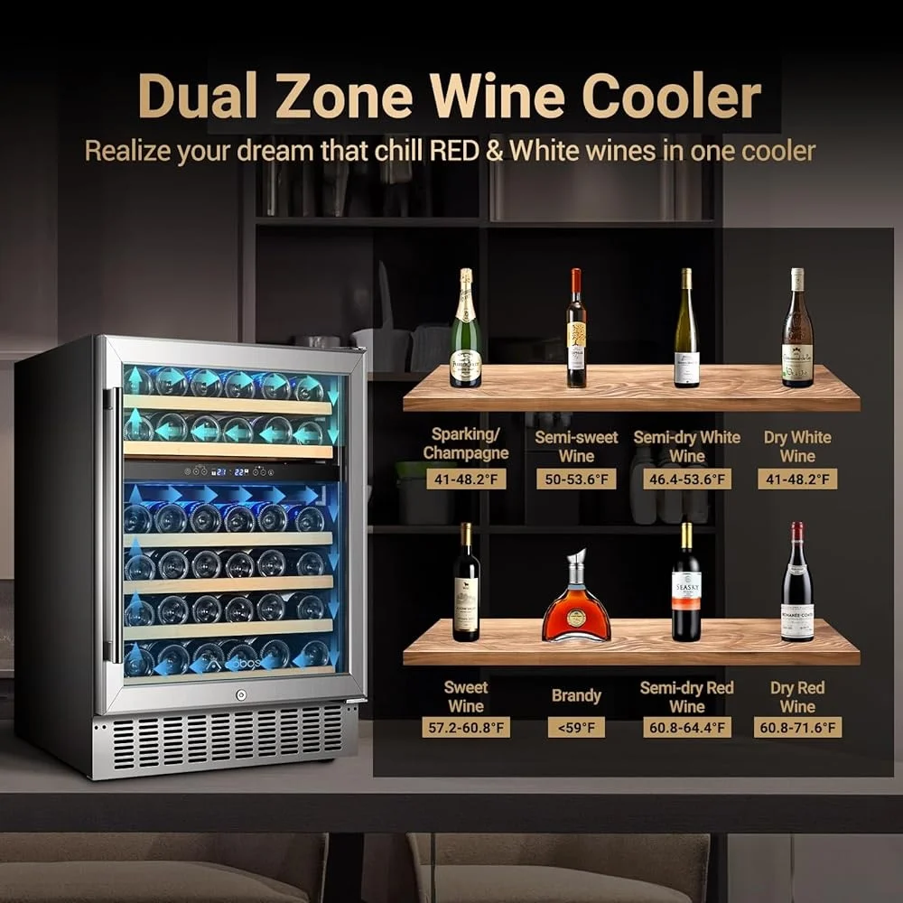 46 Bottles Dual Zone Wine Cooler Fridge Freestanding Built-in Refrigeration with Blue LED Light Quiet Compressor and UV