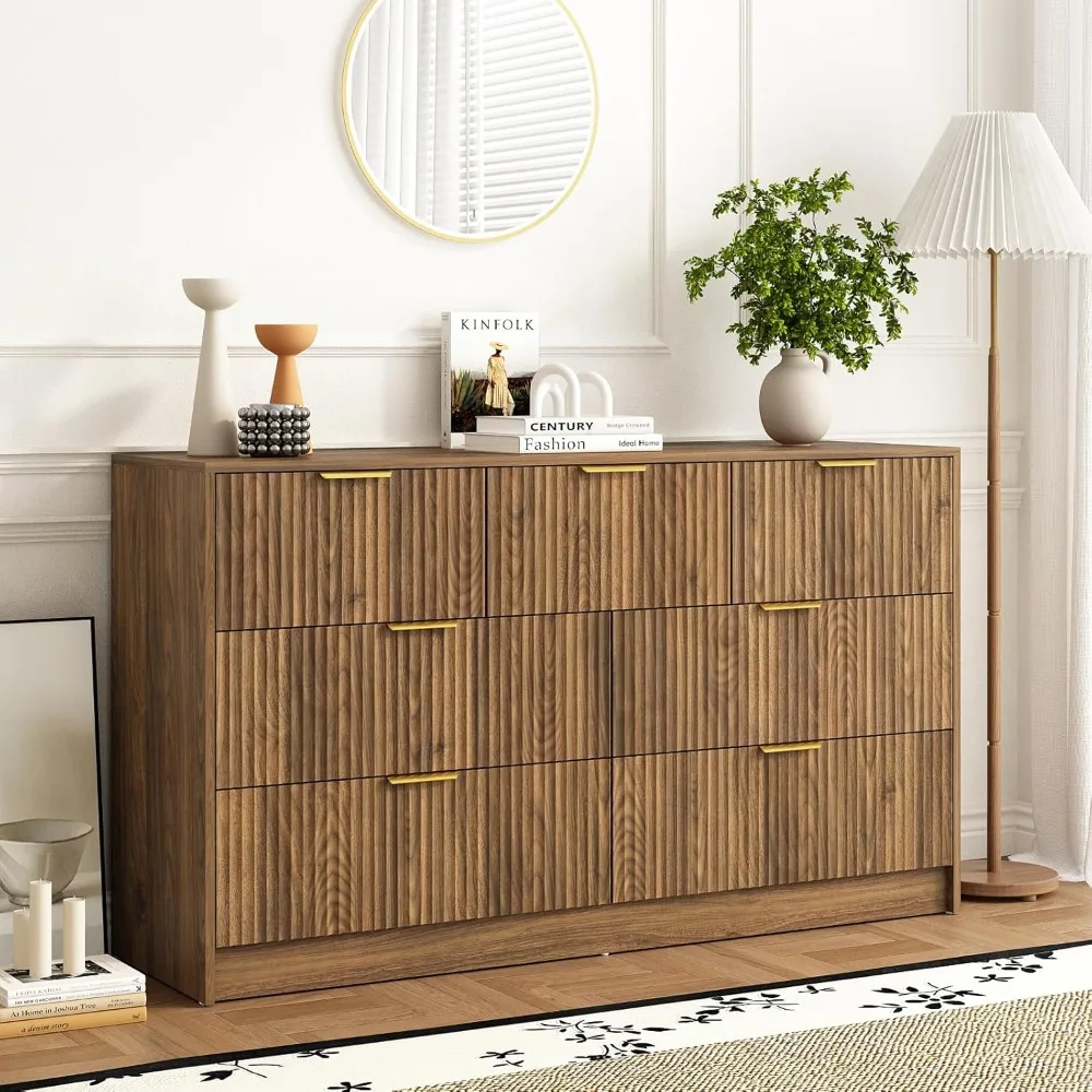 Wide Modern 7-Drawer Bedroom Dresser with Fluted Design and Deep Storage, Mid Century Style Wood TV Stand Stora