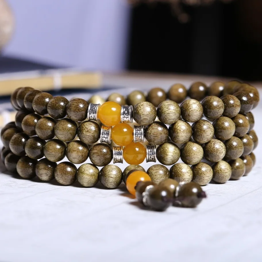 Natural Dark Golden Thread Pomelo Nanmu DIY Rosary Bracelet Long Women's Sweater Necklace Handheld Jewelry