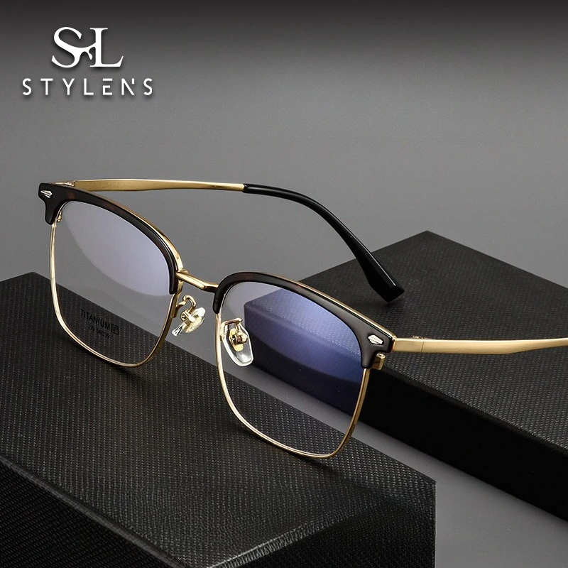 

STYLENS Business Ultralight Pure Titanium Eyebrow Frame Men's Reading Glasses Anti Blue Light Prescription Customization 279