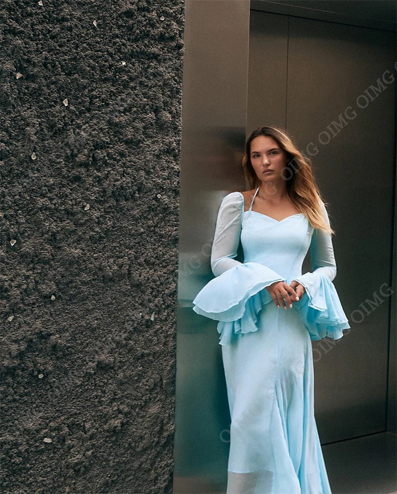 Elegant Ruched Evening Dresses Gown Vestidos De Fiesta Sky Blue Chiffon Full Sleeves Long Prom Gowns Ankle Length For Party