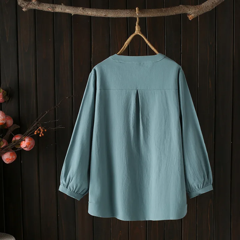 Embroidered Cotton Blouse for Women, Loose Wrist Sleeve Shirt, Round Neck, Plus Size, Spring and Autumn Wear, 5197