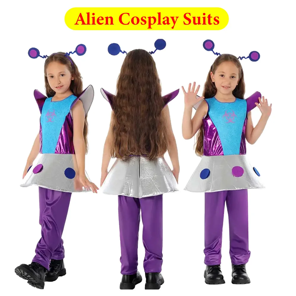 

Kids Alien Cosplay Costume Headband Children Girls Stage Performance Shirt Pants Tutu Skirt Outfit Halloween Carnival Party Suit
