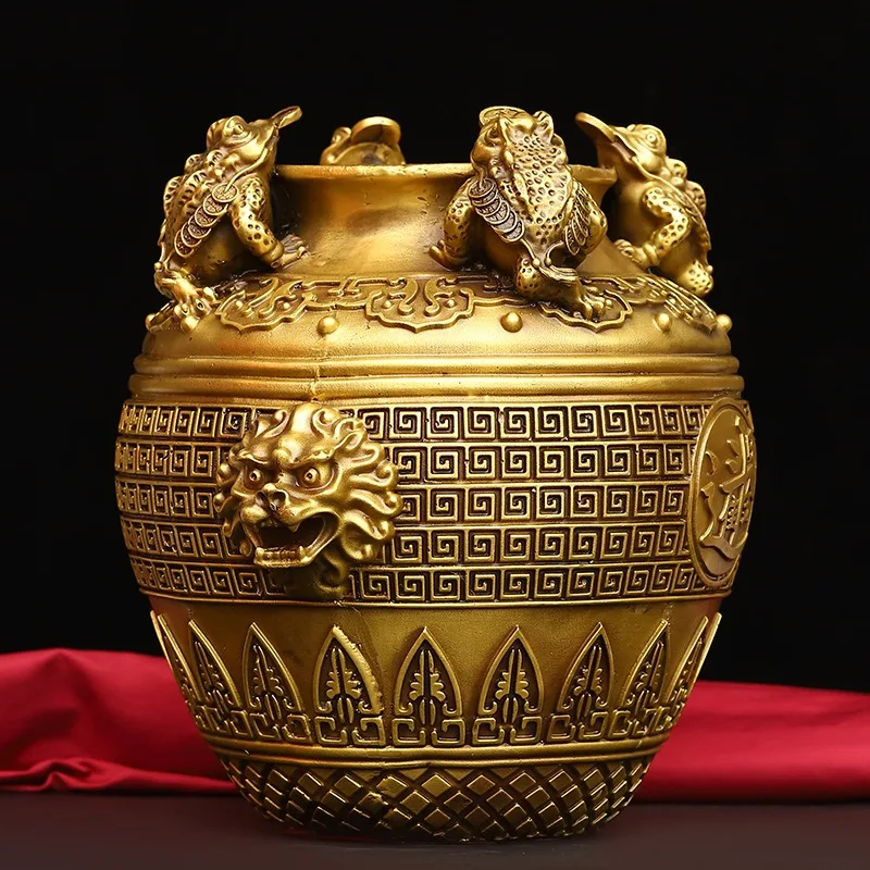 Antique Brass Three-Legged Money Toad Vat - Four-Direction Wealth Gathering Basin, Desktop Feng Shui Ornament