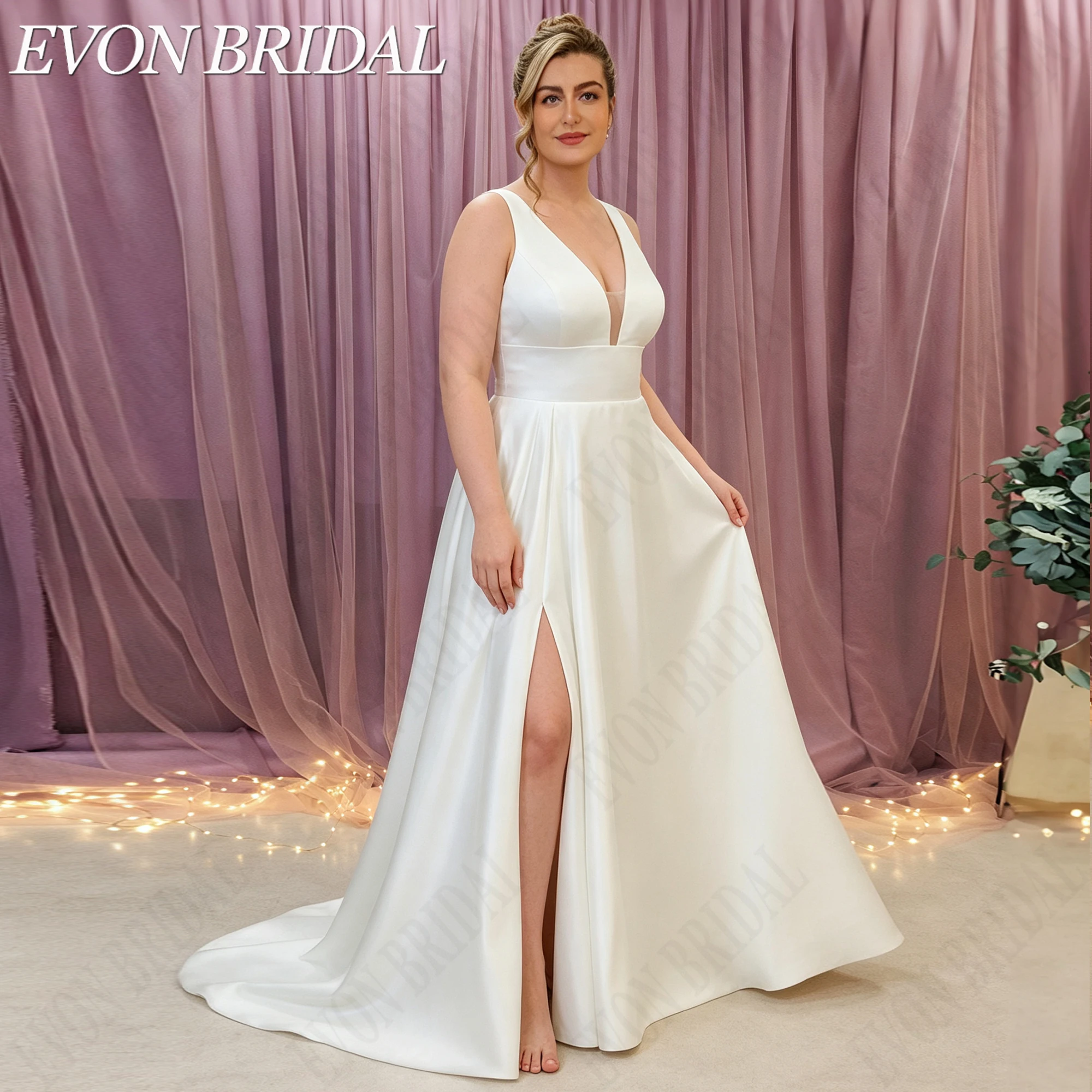 EVON BRIDAL V-образный вырез боковой разрез простое свадебное платье большого размера для женщины элегантное тонкие бретели атлас свадебные платья А-силуэт открытая спина шлейф свадебное платье на заказ длина до пола