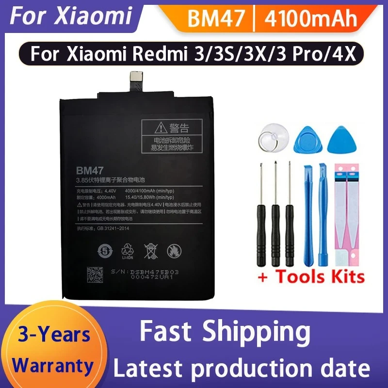 Fast Shipping 4100mAh  BM47 Battery For Xiaomi Hongmi Redmi 3Pro 3 Pro 3S 3X 4X Phone Battery Bateria+Tools