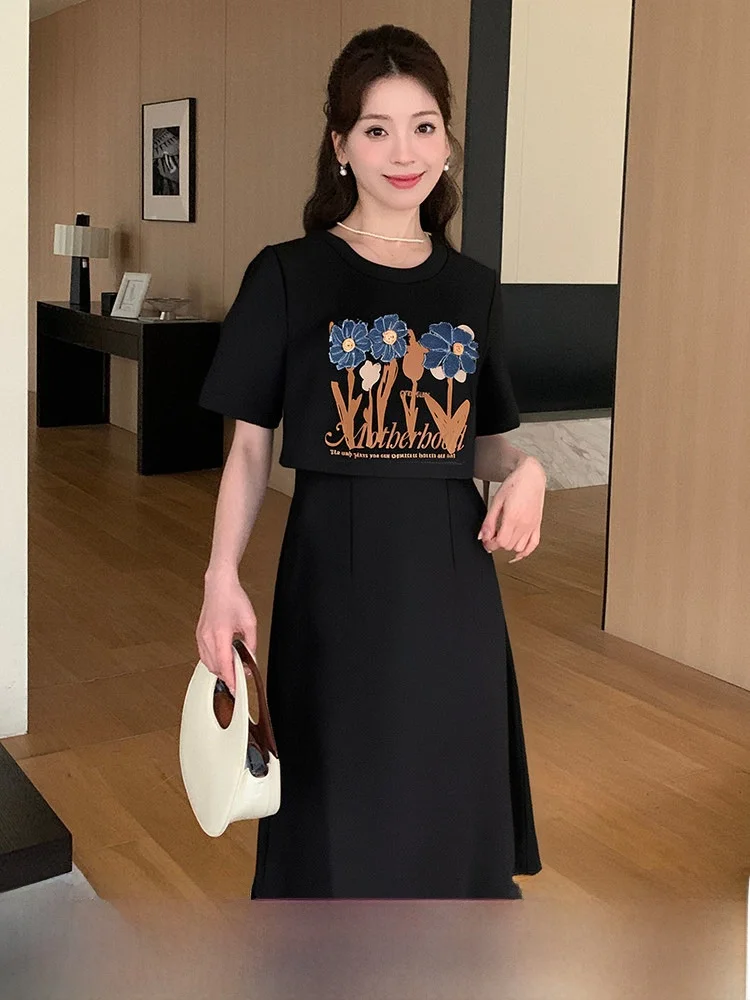 

Slimming Large Size Casual Print Dr High Waist A-Line Skirt Polyester Spandex Blend Summer New Design for plus Size Women