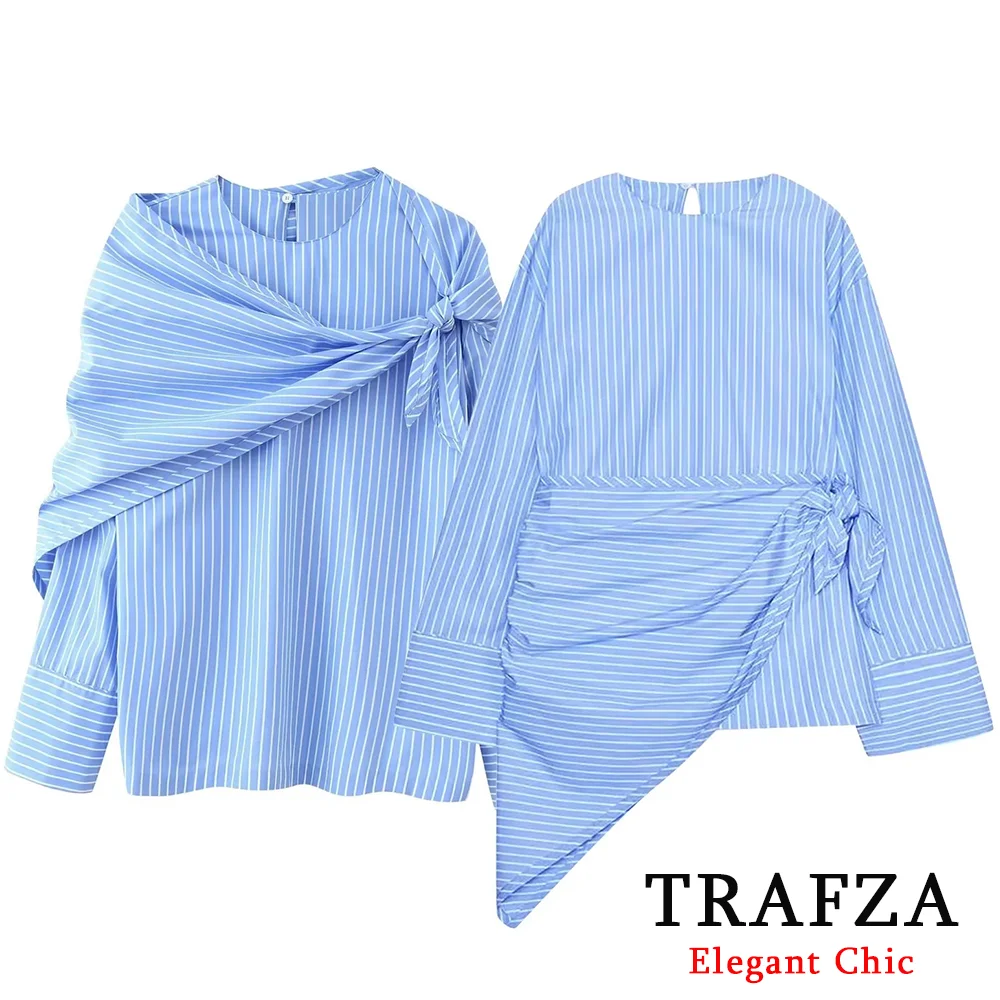 

TRAFZA Women Casual Blue Striped Shirts Scarf Collar Two Way Wear Shirt 2025 Spring Autumn Fashion Commute Versatile Mujer Shirt