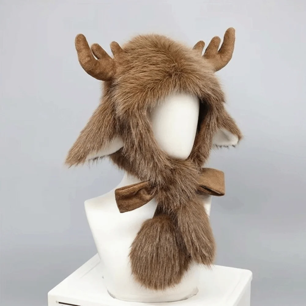 Pullover Style Christmas Elk Hat Windproof Design Adjustable Tie Reindeer Antler Hat Fluffy Texture Warm Furry Cap Hat